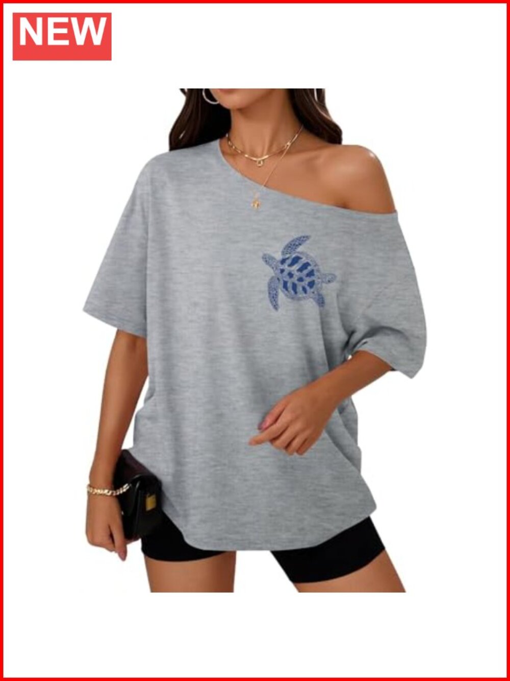 Off Shoulder Sea Turtle Graphic Tee Oversized Hawaiian Beach T-Shirt